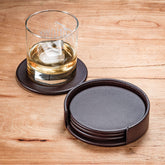 Chocolate Brown Leatherette 4 Round Coaster Set w/ Holder